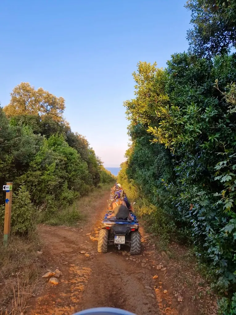 ATV riders on a dusty nature trail near the coast